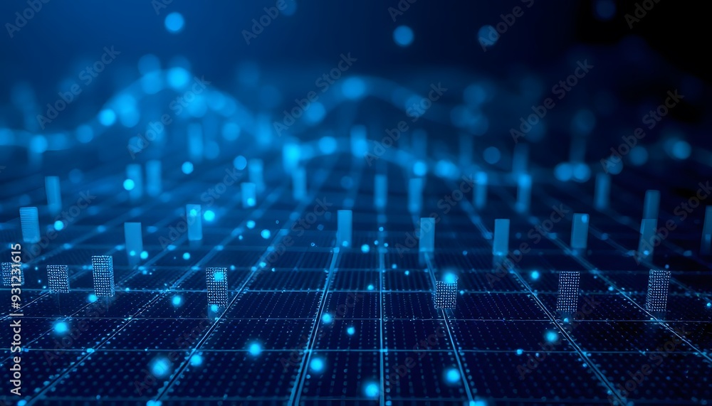 Poster a futuristic digital data with a glowing blue sphere and a network of interconnected lines and point
