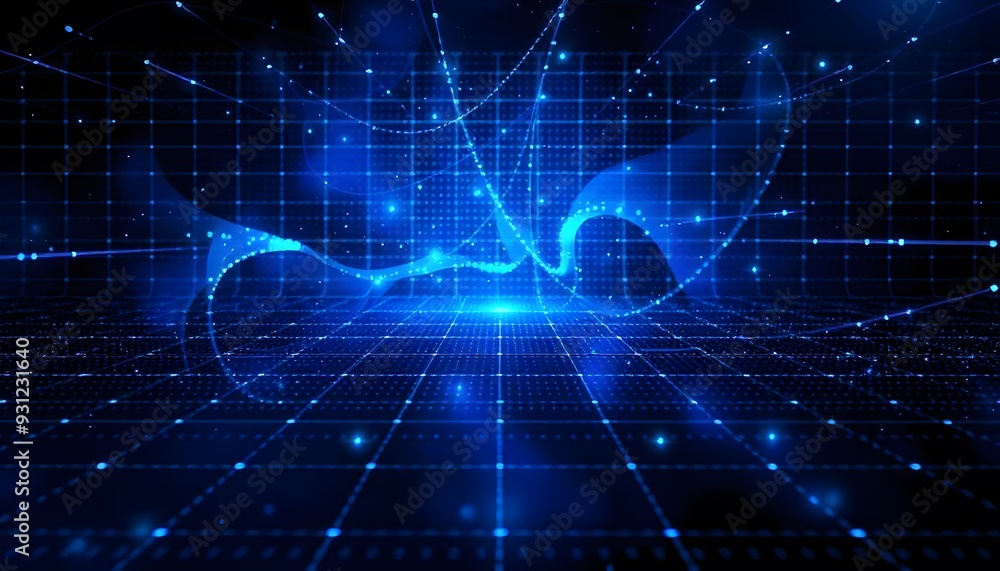 Poster a futuristic digital data with a glowing blue sphere and a network of interconnected lines and point