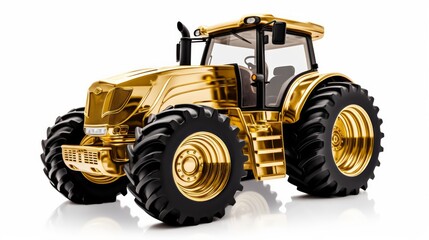 Obraz premium Golden tractor with big wheels isolated on white. Neural network ai generated art