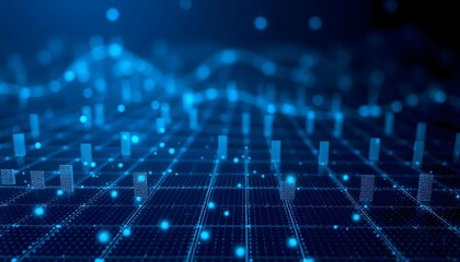 A futuristic digital data with a glowing blue sphere and a network of interconnected lines and points, representing a global communication or technology concept, set against a dark blue starry ba