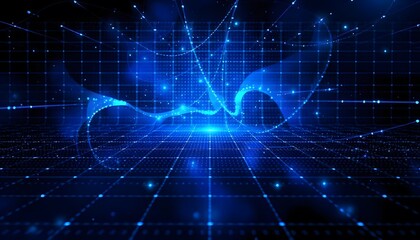 Fototapeta premium A futuristic digital data with a glowing blue sphere and a network of interconnected lines and points, representing a global communication or technology concept, set against a dark blue starry ba