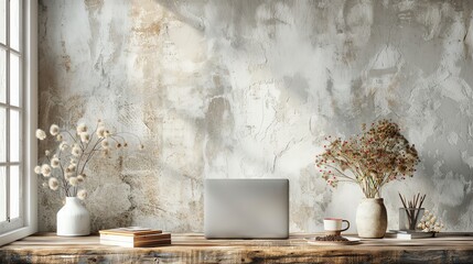 The stylish composition of cozy office interior with copy space wooden table vase with dried flowers and personal accessories Home decor Template