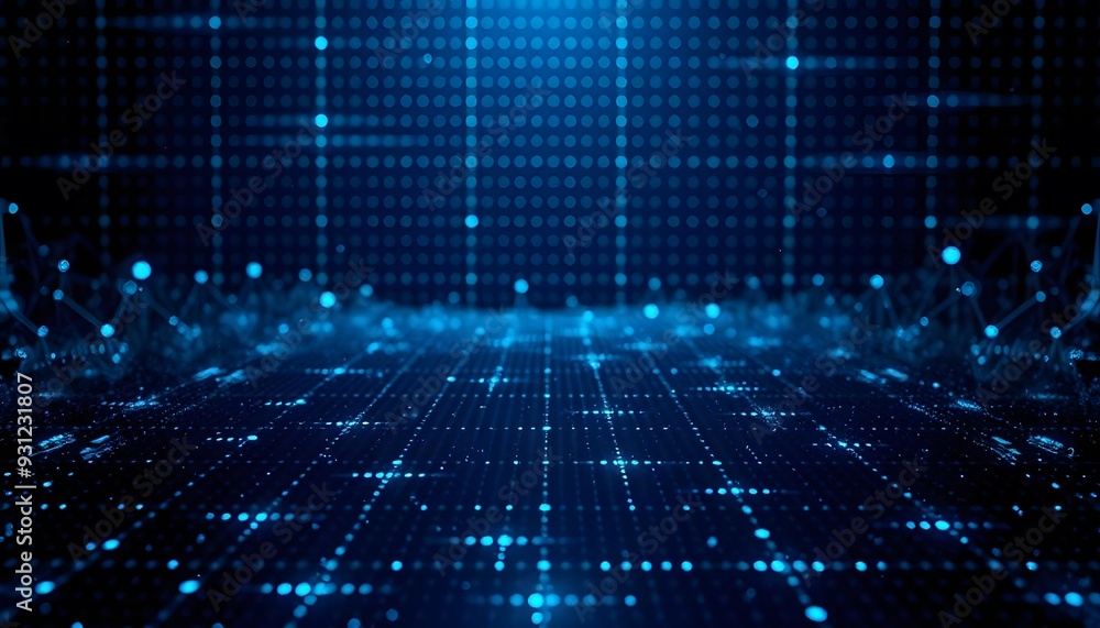 Poster a futuristic, abstract background with a grid of glowing blue lines and dots, creating a sense of de