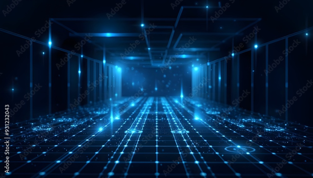 Poster a futuristic, abstract background with a grid of glowing blue lines and dots, creating a sense of de