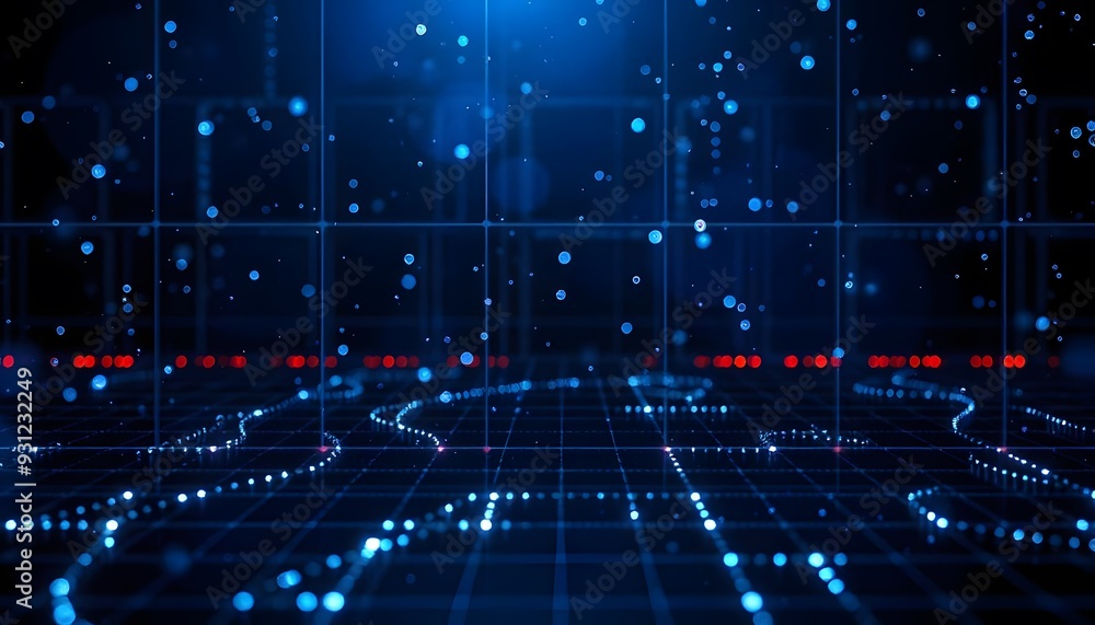 Poster a futuristic, abstract background with a grid of glowing blue lines and dots, creating a sense of de