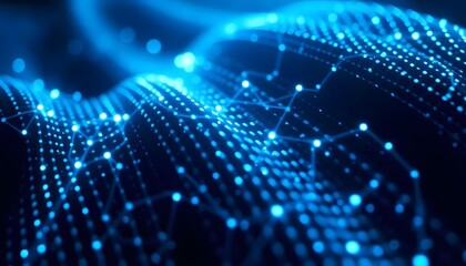 A futuristic, abstract background with a grid of glowing blue lines and dots, creating a sense of depth and technology