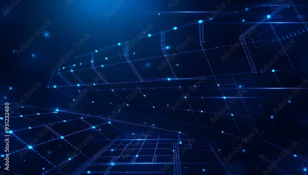 Poster a futuristic, abstract background with a grid of glowing blue lines and dots, creating a sense of de