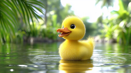A small, cheerful duckling floats in a serene pond, surrounded by vibrant green plants and gentle ripples on the water's surface