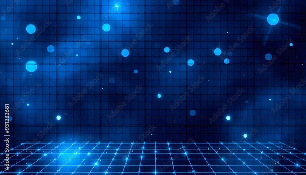 Poster a futuristic, abstract background with a grid of glowing blue lines and dots, creating a sense of de