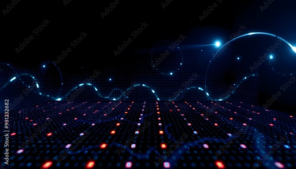 Poster a futuristic, abstract background with a grid of glowing blue lines and dots, creating a sense of de