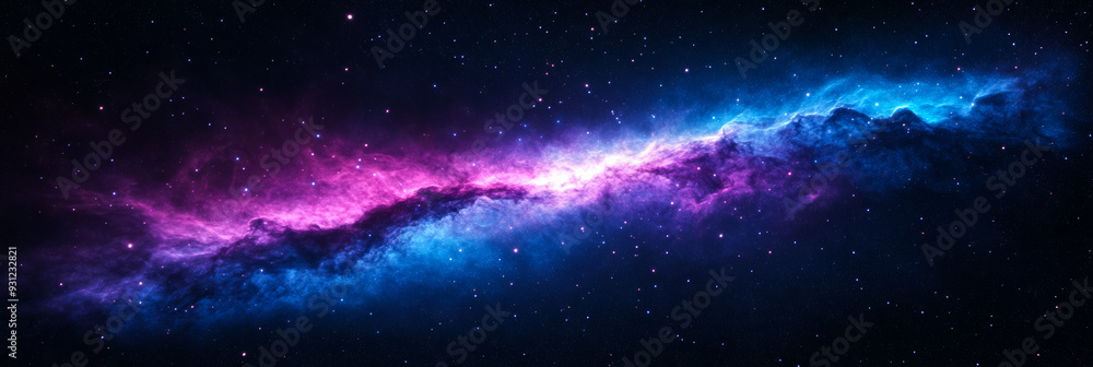 Poster vast black void with glowing stars and a swirling deep blue and purple nebula in the background crea