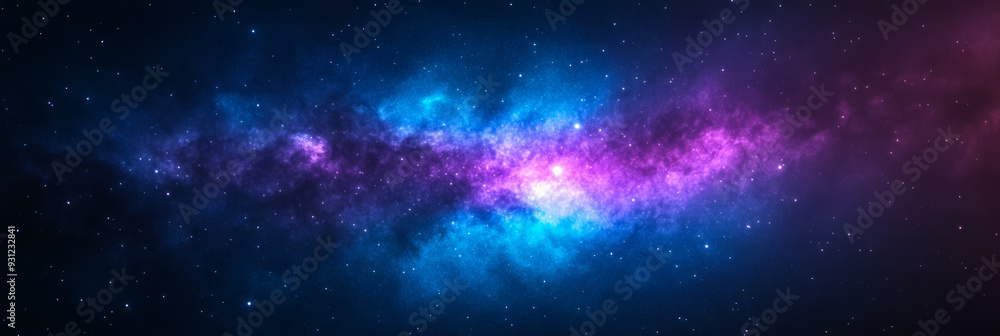 Poster vast black void with glowing stars and a swirling deep blue and purple nebula in the background crea