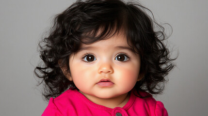 Naklejka premium A curious baby with beautiful curly hair gazes intently at the camera, wearing a vibrant pink shirt in a bright indoor setting