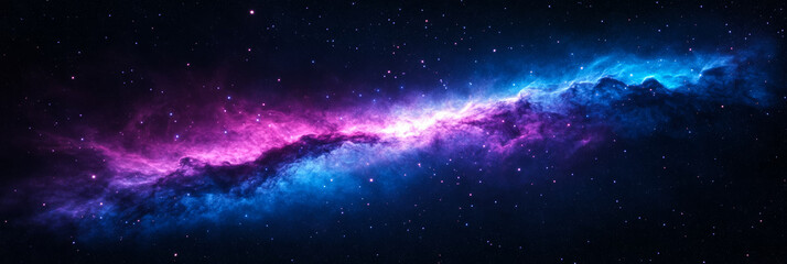 Vast black void with glowing stars and a swirling deep blue and purple nebula in the background creating a mysterious cosmic atmosphere 