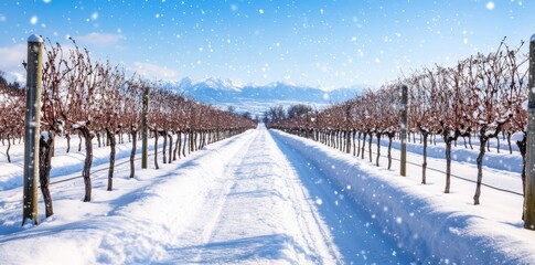 Obraz premium Pristine snow-covered vineyards with delicate flakes falling gently, set in a serene winter landscape