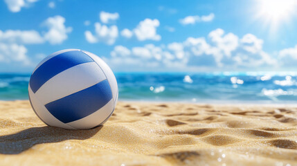 Obraz premium A volleyball sits on soft sand, glistening under the sun, with the ocean waves visible in the background