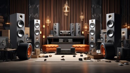 Home audio loudspeakers isolated on black background. Warm loud sound. Neural network ai generated art