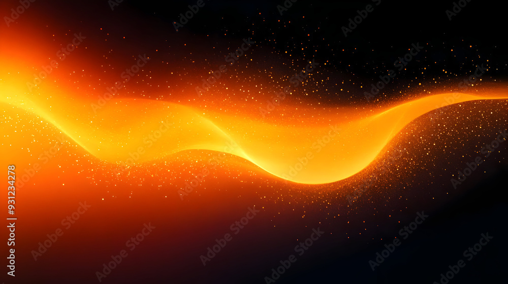 Poster abstract wave of orange light with sparkling particles.