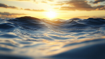 Fototapeta premium Golden sunlight spills over peaceful ocean waves as the sun sets, creating a serene atmosphere on the water
