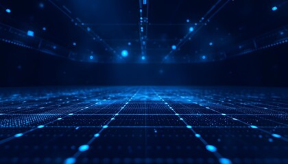 Fototapeta premium Blue glowing digital waves with sparkling particles, dark background