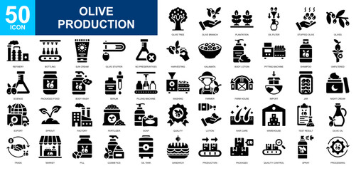 Olive Production icon collection set. Distribution, olive oil, harvest, manufacturing, marketing icon. Simple glyph vector.