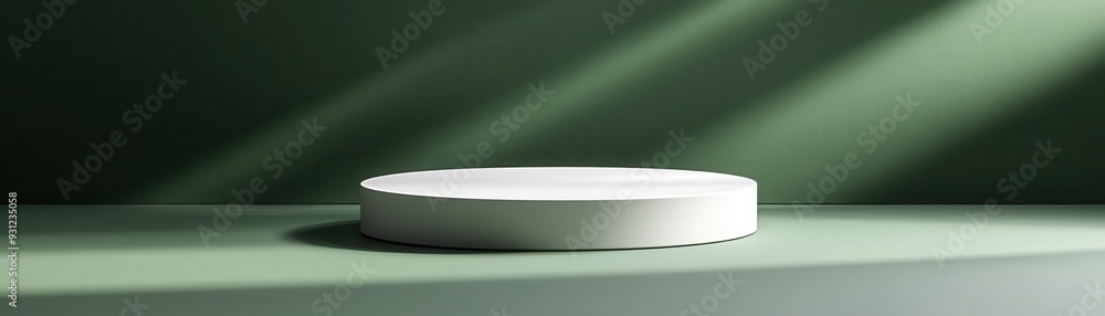 Poster minimalist display featuring a circular platform against a soft green background with subtle light r