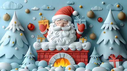 Jolly Santa Claus Descending Down Chimney With Gifts In Pastel Paper Art Style