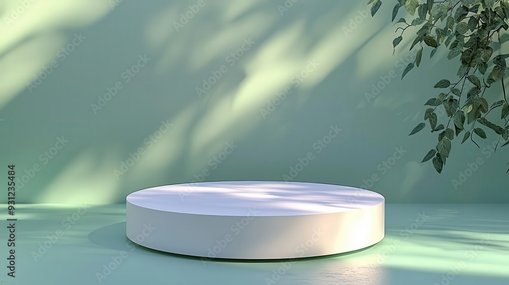 Poster minimalistic display platform with soft shadows against a green backdrop, perfect for product presen