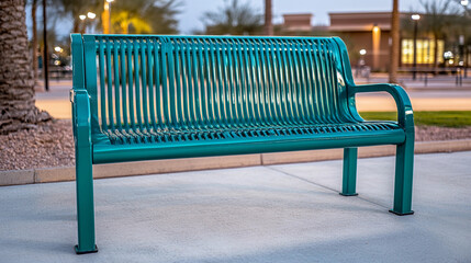 A vibrant teal bench sits in an inviting park setting as twilight descends, illuminated by soft lights from nearby buildings