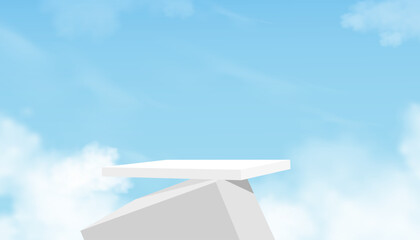 Sky Blue,Cloud Background,White Podium Platform for Cosmetic Product,Summer Backdrop,3d Display Stage for Presentation Banner Design,Vector Graphic abstract scene of nature landscape
