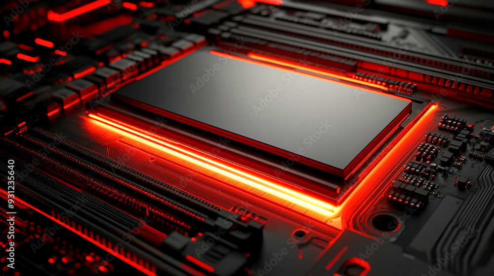 Poster a detailed circuit board features glowing red lights, showcasing advanced technology and intricate d