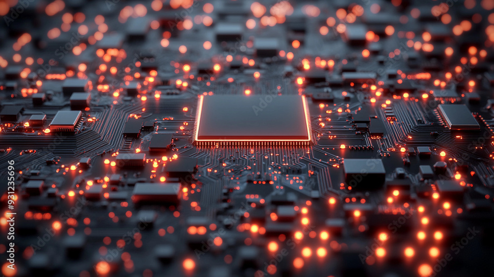 Poster a detailed view of a circuit board illuminated by orange lights, highlighting its complex structure 
