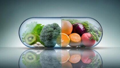 Fresh Fruits and Vegetables in Mini Medicine Capsule, healthy food as medicin