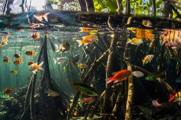 A school of colorful fish swim through the roots of a mangrove tree in the sunlit shallows.