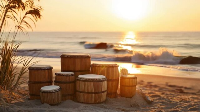 A group of drums are sitting on the beach at sunset