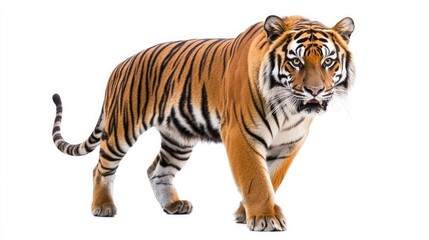 A Bengal Tiger with orange and black stripes, walks toward the camera on a white background.