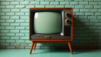 Retro old television in vintage wall pastel color background