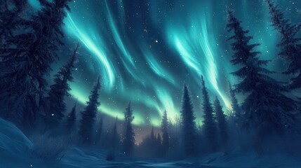Fototapeta premium A serene winter landscape under vibrant auroras illuminating the night sky.