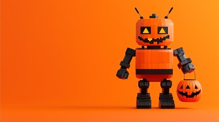 Pixelated robot dressed as a Jack-o'-lantern holding a pumpkin bucket on orange background.