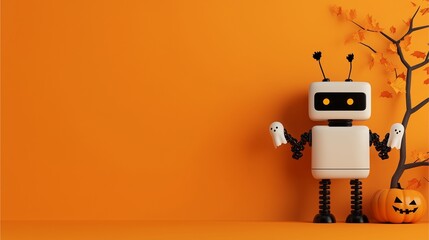 Cute robot with ghost hands standing beside a pumpkin and tree with autumn leaves for Halloween.