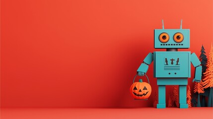 Retro robot with big eyes holding a pumpkin bucket in a forest on red background for Halloween.