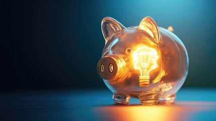 Green electic electric bulb piggy bank on neutral studio background as energy saving concept poster or banner