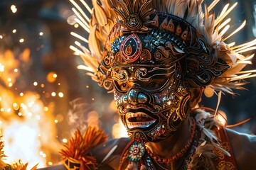 Fototapeta premium A man in a traditional mask and feathered headdress stands in front of a fire with sparks flying.