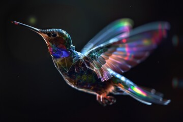 Obraz premium A holographic bird in flight, with wings that shimmer and change colors. 