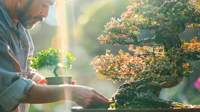 A man practicing bonsai tree care, illustrating patience and detailed hobbies.
