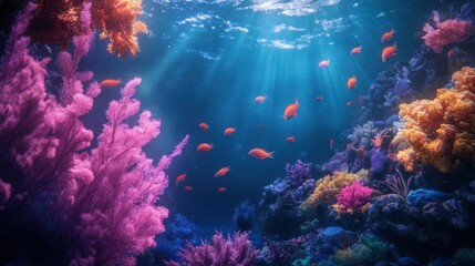 Naklejka premium Underwater scene with colorful corals and fish swimming.