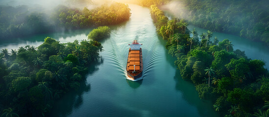 Fototapeta premium Cargo Ship Navigating Through Lush Jungle Passage of the Iconic Panama Canal Surrounded by Tranquil Waterways and Verdant Vegetation in a Cinematic