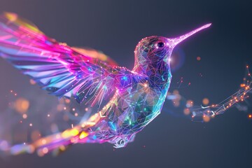 Obraz premium A holographic bird in flight, with wings that shimmer and change colors. 