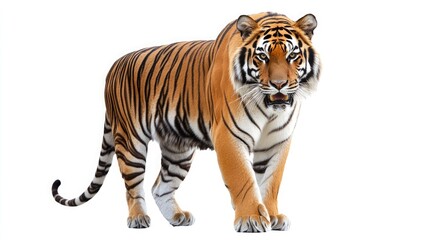 Obraz premium A close-up shot of a tiger with a white background. The tiger is looking directly at the camera and its mouth is slightly open, showing its teeth.