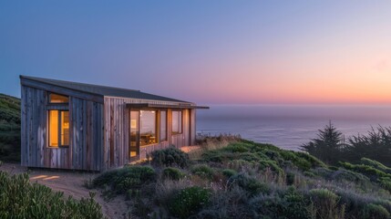 Wooden Cabin Overlooking the Ocean at Sunset